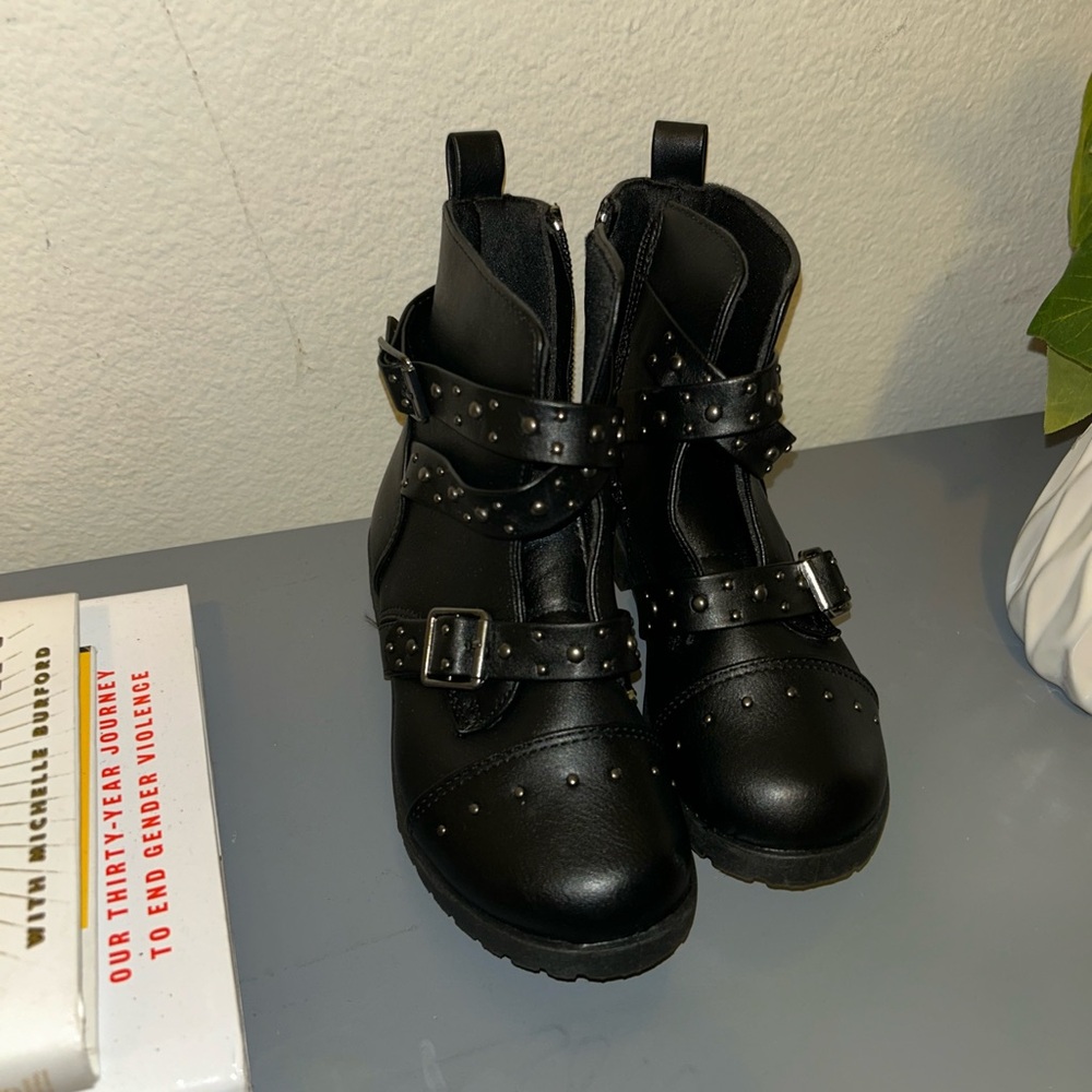 Black Chunky Combat Boots with Buckle Details